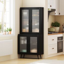 Gymax Kitchen Pantry Cabinet 178 cm Tall Cupboard With 4 Transparent Doors in Black - thumbnail 7