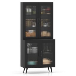 Gymax Kitchen Pantry Cabinet 178 cm Tall Cupboard With 4 Transparent Doors in Black