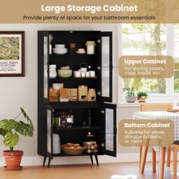 Gymax Kitchen Pantry Cabinet 178 cm Tall Cupboard With 4 Transparent Doors in Black - thumbnail 4