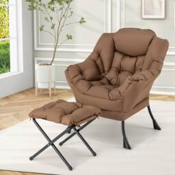 Costway Modern Leisure Reading Chair Lounge Chair Lazy Chair w/ Ottoman in Brown