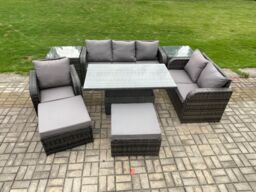 Fimous 8 Seater Outdoor Rattan Garden Furniture Set Height Adjustable Rising lifting Dining Table Love Sofa Chair With 2 Side Tables Big Footstool - thumbnail 1