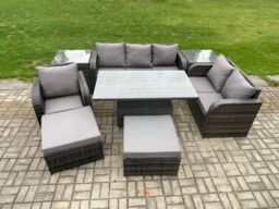 Fimous 8 Seater Outdoor Rattan Garden Furniture Set Height Adjustable Rising lifting Dining Table Love Sofa Chair With 2 Side Tables Big Footstool - thumbnail 2