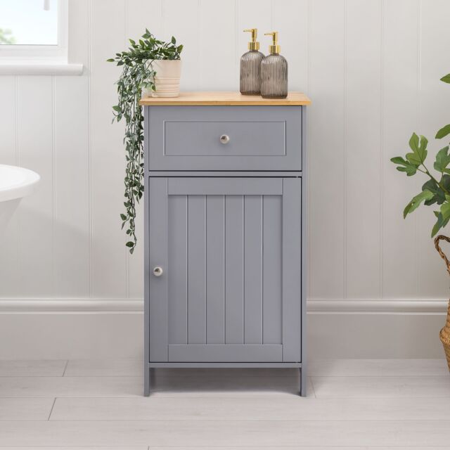 Christow Grey Bathroom Drawer Unit Storage Cupboard Cabinet With Bamboo Top - image 1