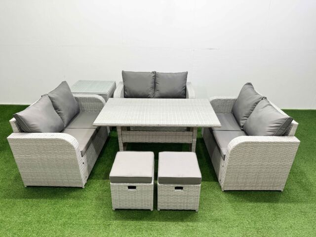 Fimous 8 Seater PE Wicker Rattan Furniture Sofa Sets with Rectangular Dining Table 2 Seater Love Sofa 2 Stool Side Table Light Grey - image 1