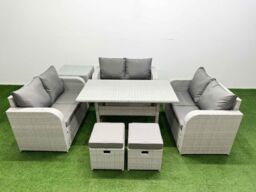 Fimous 8 Seater PE Wicker Rattan Furniture Sofa Sets with Rectangular Dining Table 2 Seater Love Sofa 2 Stool Side Table Light Grey - thumbnail 1