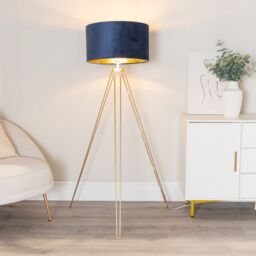 ValueLights Aero Hairpin Gold Tripod Floor Lamp with Velvet & Gold Drum Lamp Shade in Dark Navy - thumbnail 1