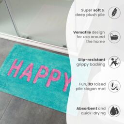 Mooky Mats Happy Slogan Bath Mat Non Slip - Colourful Bathroom Rug in Turquoise - thumbnail 4