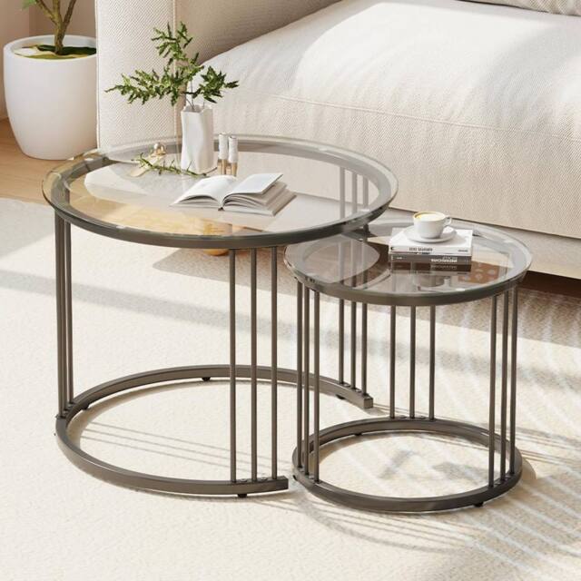 Huhote Round Nesting Coffee Tables Set of 2 Clear Glass Metal Frame in Black - image 1