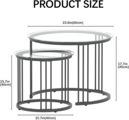 Huhote Round Nesting Coffee Tables Set of 2 Clear Glass Metal Frame in Black - thumbnail 3