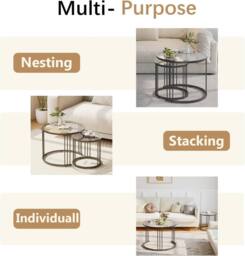 Huhote Round Nesting Coffee Tables Set of 2 Clear Glass Metal Frame in Black - thumbnail 6