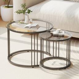 Huhote Round Nesting Coffee Tables Set of 2 Clear Glass Metal Frame in Black