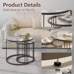 Huhote Round Nesting Coffee Tables Set of 2 Clear Glass Metal Frame in Black - thumbnail 5