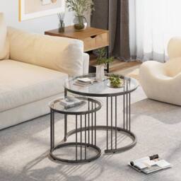 Huhote Round Nesting Coffee Tables Set of 2 Clear Glass Metal Frame in Black - thumbnail 2