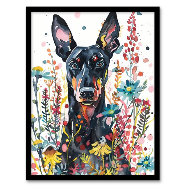 Artery8 Dog Lover Happy Doberman in Spring Wildflowers Framed Wall Art - Size: A4 - image 1