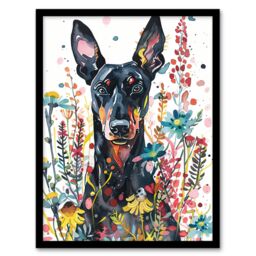 Artery8 Dog Lover Happy Doberman in Spring Wildflowers Framed Wall Art - Size: A4 - thumbnail 1