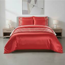 Snug City Shimmer Duvet Cover Set Luxury Bedding with Elegant Metallic Finish in Red - Size: Super King