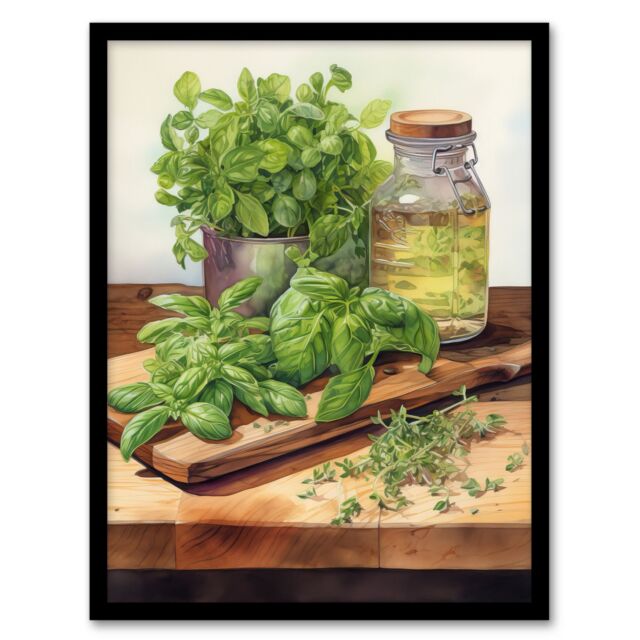 "Artery8 Country Kitchen Art Watercolour Basil Herb Still Life Study Painting Art Print Framed Poster Wall Decor 12x16 inch - Size: W12"" x H16""" - image 1