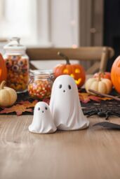 Living and Home Mini Halloween Ghost Duo Figurine Resin Ornament for Table, Shelf & Windowsill Decor in White
