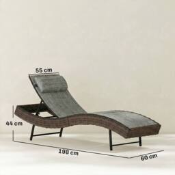 OUTSUNNY Rattan Sun Lounger with 5 Position Back, Texteline Seat, Brown - Size: 190 cm x 60 cm - thumbnail 3