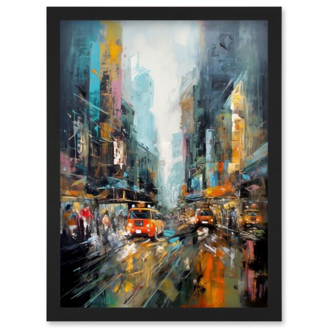 Artery8 New York City Rainy Day Abstract Action Cityscape Artwork Framed Wall Art Print A4 in Black - image 1