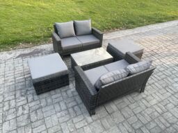 Fimous Wicker Rattan Garden Furniture Sofa Set with Rectangular Coffee Table Double Seat Sofa 2 Big Footstool 6 Seater Outdoor Rattan Set in Dark Grey - thumbnail 1