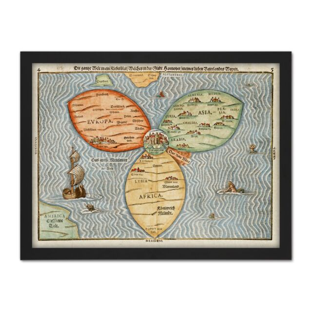 "Artery8 Wall Art Print Bunting 1581 Map World Cloverleaf Jerusalem Large Framed Wall Décor Art in White - Size: W18"" x H24""" - image 1