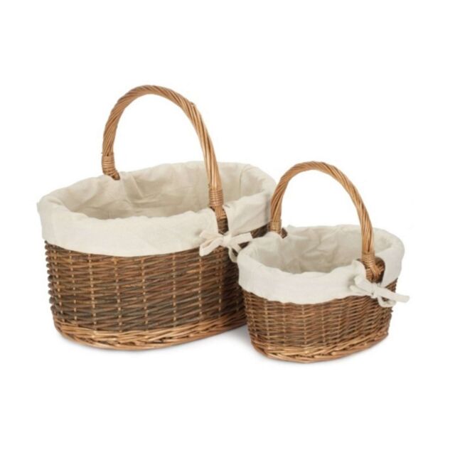 Red Hamper Wicker Set of 2 White Lined Country Oval Shopping Baskets in Brown - image 1