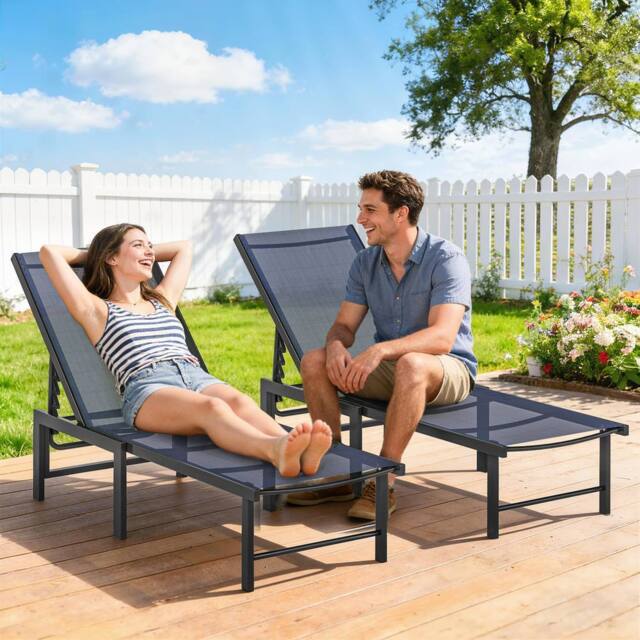 OUTSUNNY Sun Loungers Set of 2, 5-Level Reclining Sunbeds, Dark Blue - Size: 2 Pack - image 1