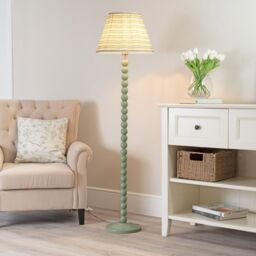 ValueLights Bobbins Sage Green Floor Lamp with Tapered Fabric Pleated Shade & LED Bulb in Pale Pink - thumbnail 1