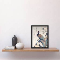 "Artery8 Pheasant & Chrysanthemums Japanese Framed Wall Art Print Hiroshige in Blue - Size: W12"" x H16""" - thumbnail 4