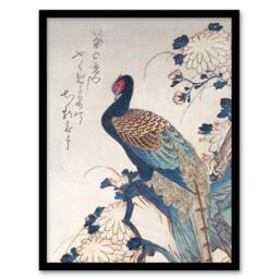 "Artery8 Pheasant & Chrysanthemums Japanese Framed Wall Art Print Hiroshige in Blue - Size: W12"" x H16""" - thumbnail 1
