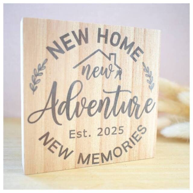 Amaya Rose Ltd New Home, Adventure, Memories Est 2026 Solid Wood Plaque Shelf Decor in Beige