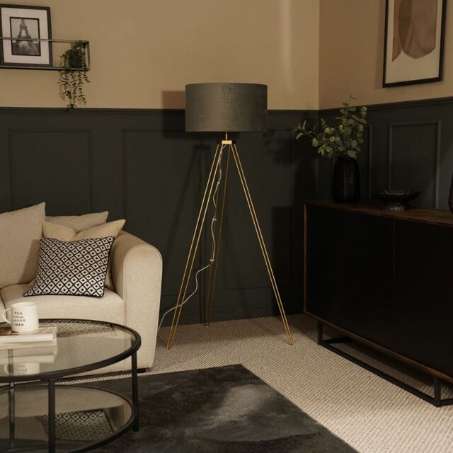 ValueLights Aero Hairpin Leg Gold Tripod Floor Lamp Light with Velvet Shade in Grey - Size: 18 inches - image 1