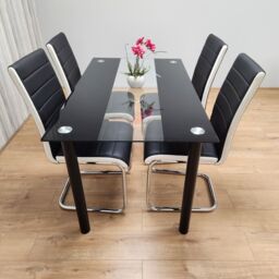 KOSY KOALA Dining Table Set of 4 Black Clear Table & Faux Leather Padded Chrome Black White Kitchen Chairs Dining Sets - Size: 120 cm x 70 cm - thumbnail 4