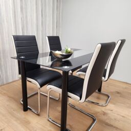KOSY KOALA Dining Table Set of 4 Black Clear Table & Faux Leather Padded Chrome Black White Kitchen Chairs Dining Sets - Size: 120 cm x 70 cm - thumbnail 5