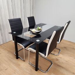 KOSY KOALA Dining Table Set of 4 Black Clear Table & Faux Leather Padded Chrome Black White Kitchen Chairs Dining Sets - Size: 120 cm x 70 cm
