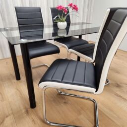 KOSY KOALA Dining Table Set of 4 Black Clear Table & Faux Leather Padded Chrome Black White Kitchen Chairs Dining Sets - Size: 120 cm x 70 cm - thumbnail 2