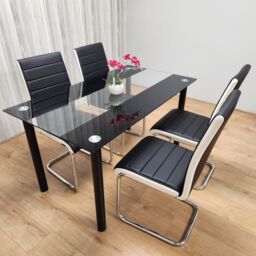 KOSY KOALA Dining Table Set of 4 Black Clear Table & Faux Leather Padded Chrome Black White Kitchen Chairs Dining Sets - Size: 120 cm x 70 cm - thumbnail 3
