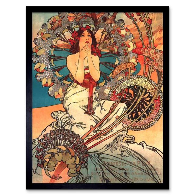 "Artery8 Painting Mucha Nouveau Woman Spring Floral 12x16"" Framed Art Print - Size: W12"" x H16""" - image 1