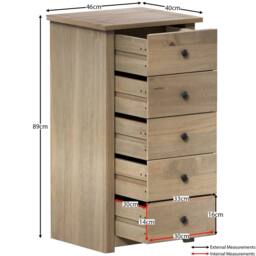 HD Designs Panama Solid Pine 5 Drawer Narrow Chest Storage Bedroom Furnuiture in Brown - thumbnail 3