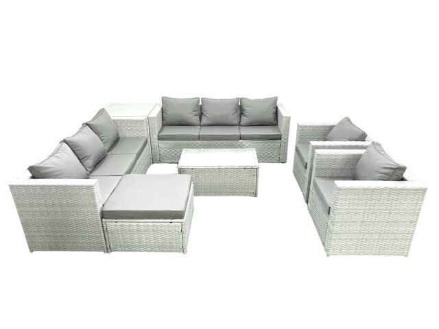 Fimous Outdoor Rattan Sofa Garden Furniture Set with 2 Armchairs Oblong Coffee Table Big Footstool Side Table Light Grey Mixed - image 1
