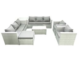 Fimous Outdoor Rattan Sofa Garden Furniture Set with 2 Armchairs Oblong Coffee Table Big Footstool Side Table Light Grey Mixed - thumbnail 2