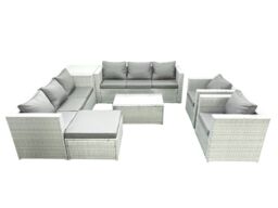 Fimous Outdoor Rattan Sofa Garden Furniture Set with 2 Armchairs Oblong Coffee Table Big Footstool Side Table Light Grey Mixed - thumbnail 1