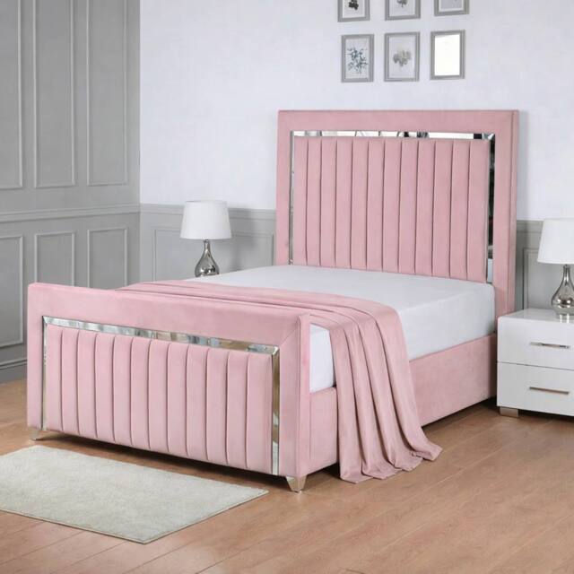 Living Comfort Bedz Chrome Edge Upholstered Slatted Base Bed with 48 Inch Headboard in Pink - Size: Double - image 1