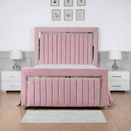 Living Comfort Bedz Chrome Edge Upholstered Slatted Base Bed with 48 Inch Headboard in Pink - Size: Double - thumbnail 2