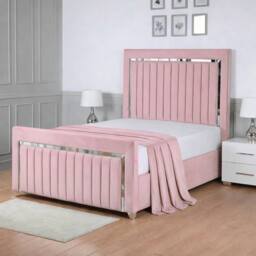 Living Comfort Bedz Chrome Edge Upholstered Slatted Base Bed with 48 Inch Headboard in Pink - Size: Double