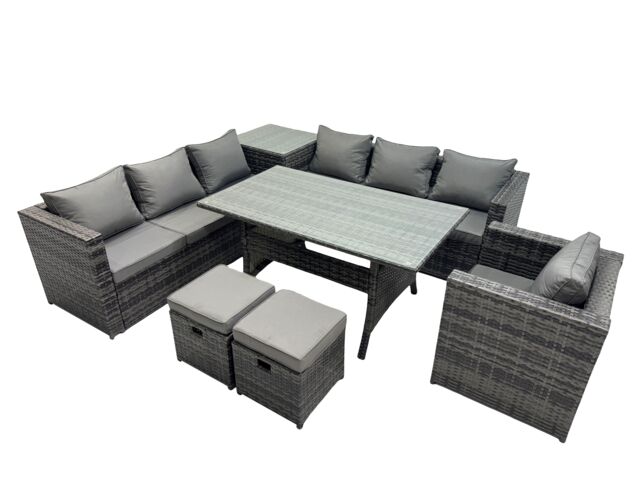 Fimous 9 Seater Garden Rattan Furniture Set with Side Table 2 Small Stools in Dark Grey - image 1