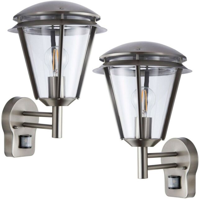 Loops 2 PACK IP44 Outdoor Wall Lamp Brushed Steel Modern PIR Lantern Porch Curve Light in Metallics - image 1