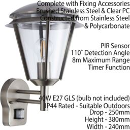 Loops 2 PACK IP44 Outdoor Wall Lamp Brushed Steel Modern PIR Lantern Porch Curve Light in Metallics - thumbnail 3