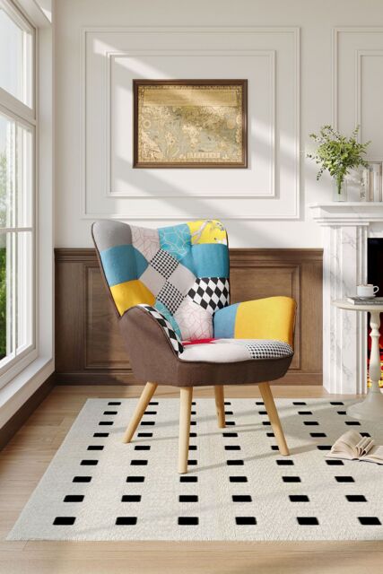Living and Home Patchwork Linen Colorful Upholstered Armchair in Blue - image 1